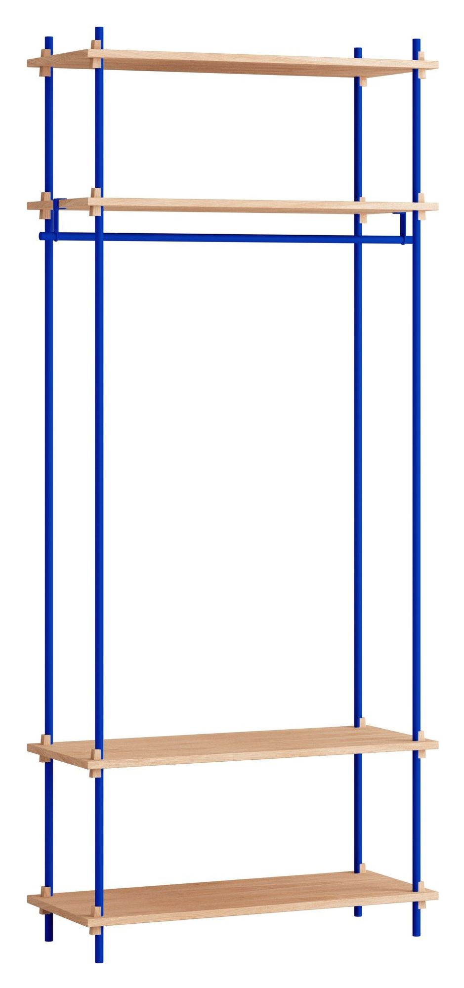 Hyllsystem w. bar, 1 vik, 4 hyllor, h: 200, ek/blå