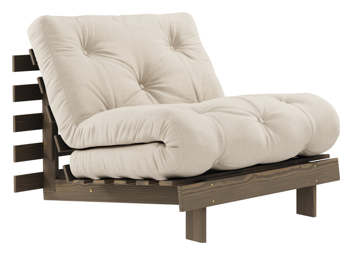 Rötter 90 bäddsoffa, brun lackerad tall, beige