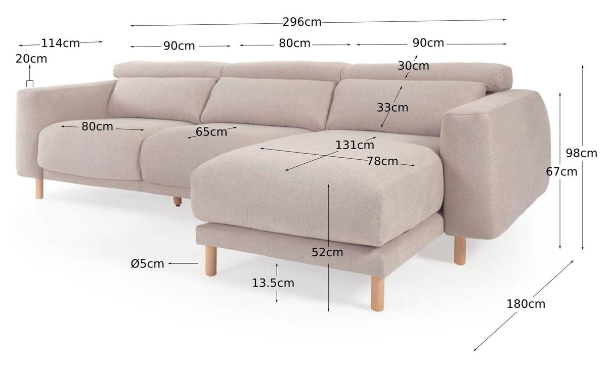 Singa 3-Pers. Soffa med höger ansikte schäslong, beige chenille