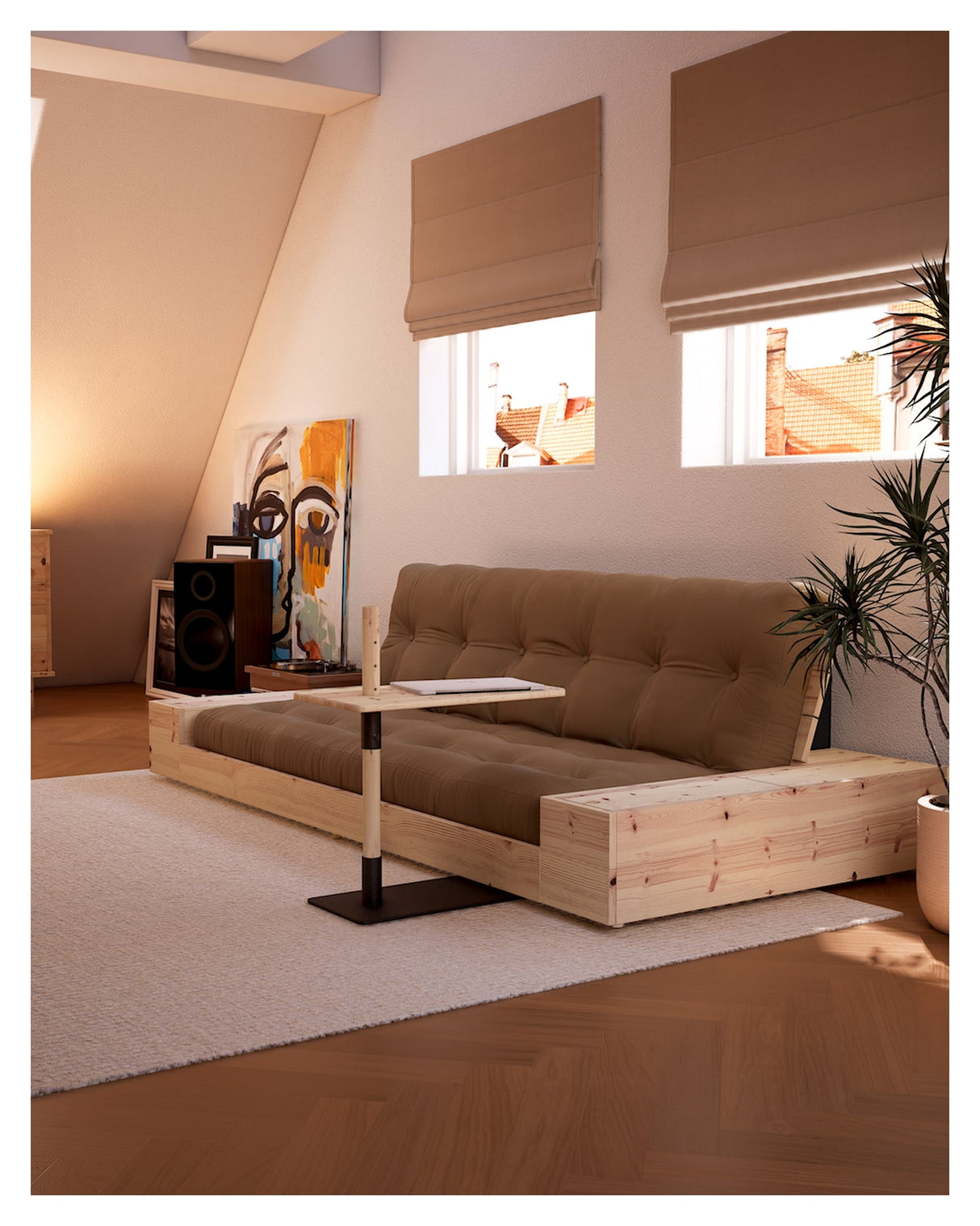 Basbäddsoffa med sidoboxar, beige/svart