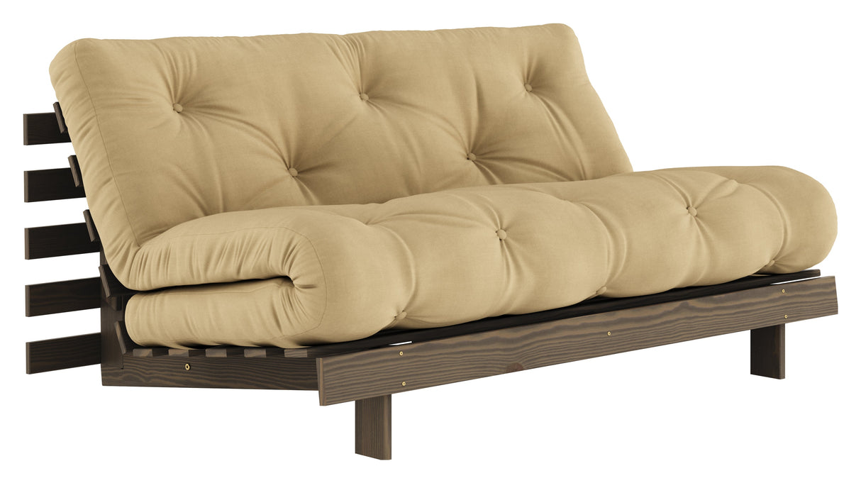 Rötter 160 bäddsoffa, brun lackerad tall, vete beige