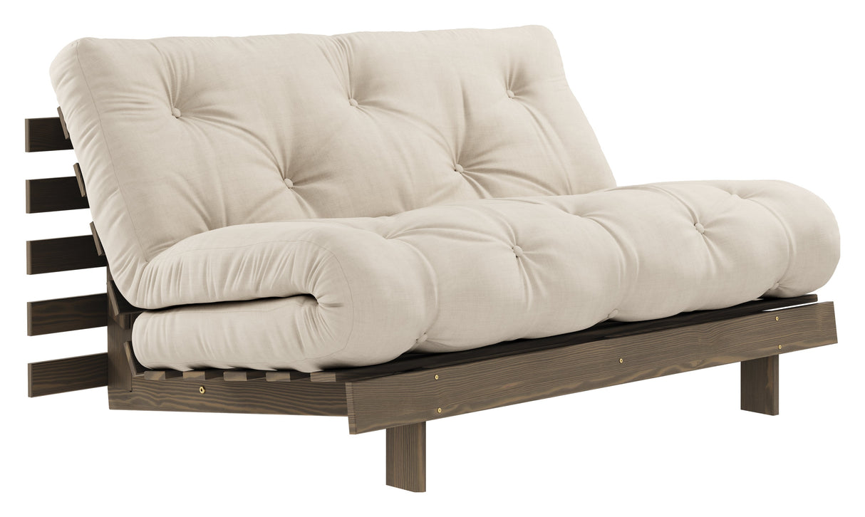 Rötter 140 bäddsoffa, brun lackerad tall, beige