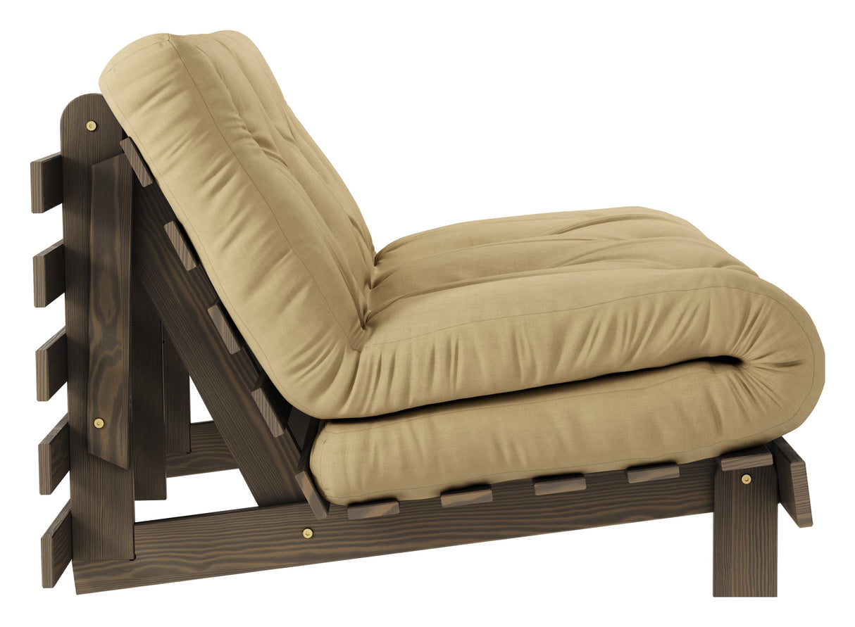 Rötter 140 bäddsoffa, brun lackerad tall, vete beige