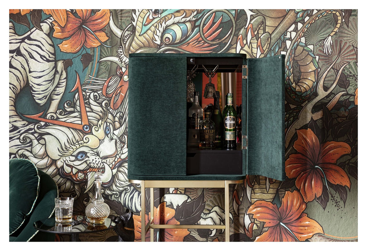 Ava Morgana Bar Cabinet, Dark Green Velvet