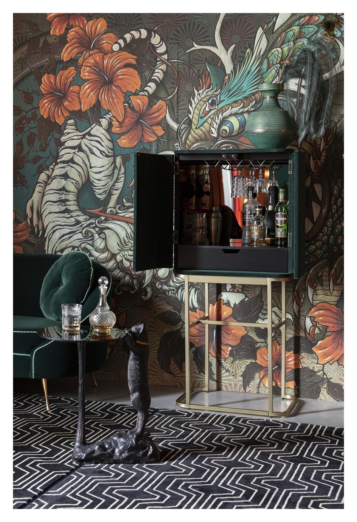 Ava Morgana Bar Cabinet, Dark Green Velvet