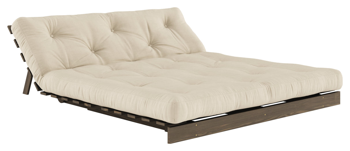 Rötter 160 bäddsoffa, brun lackerad tall, beige