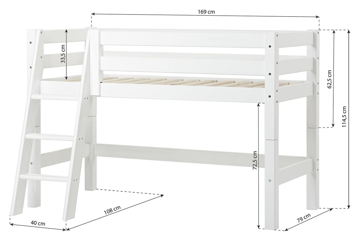 Eco lyxig halvhög säng med stege och gardin 70x160, vit