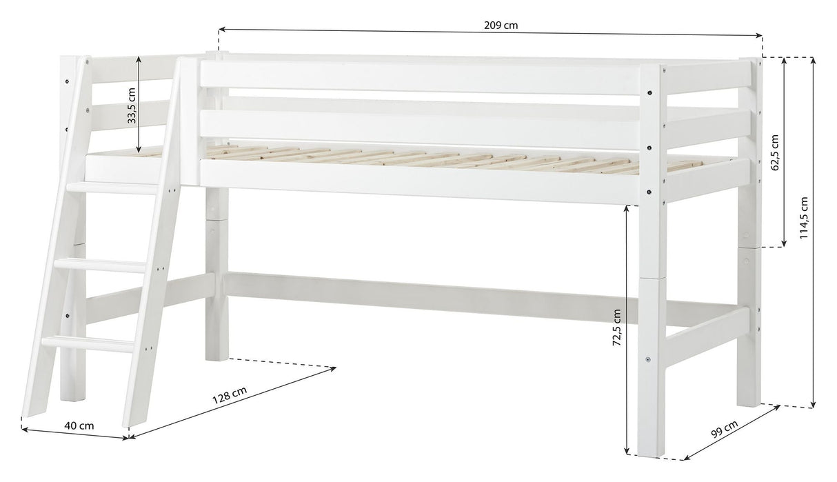 Eco lyxig halvhög säng med stege och gardin 90x200, vit