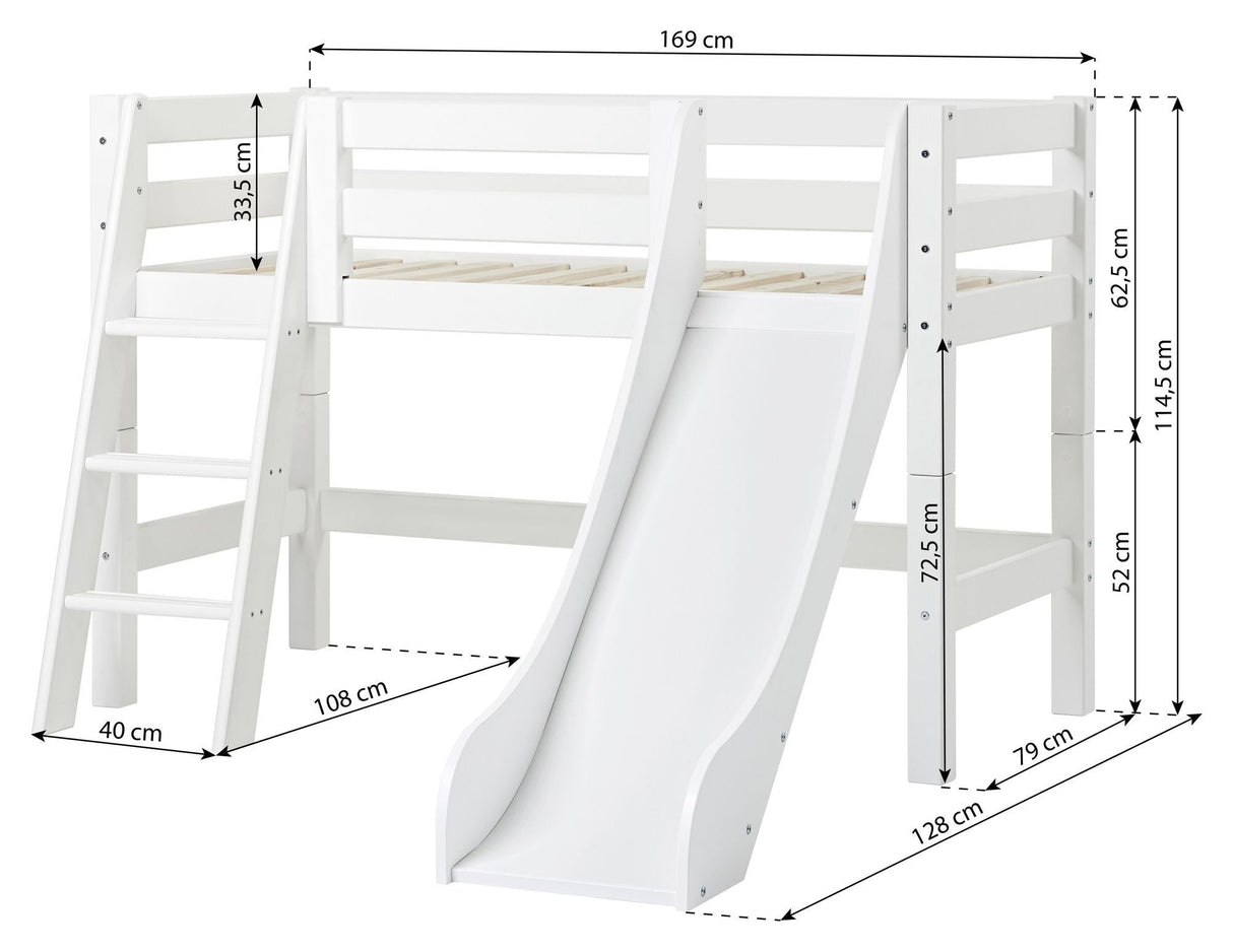 Eko lyxig halvhög säng med stege, glid och gardin 70x160, vit