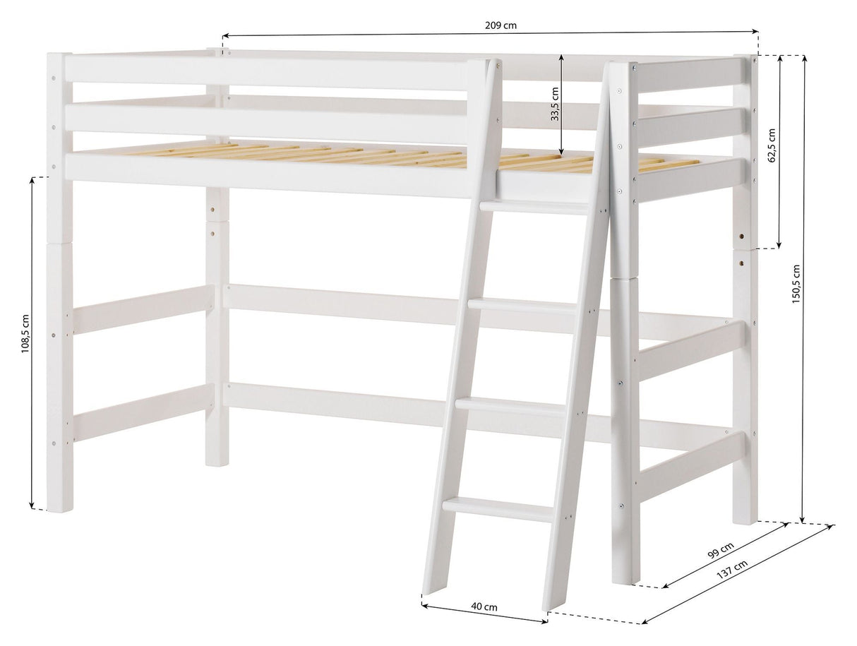 Eco lyxig mitten av sängen med stege och orörda gardiner 90x200, vit