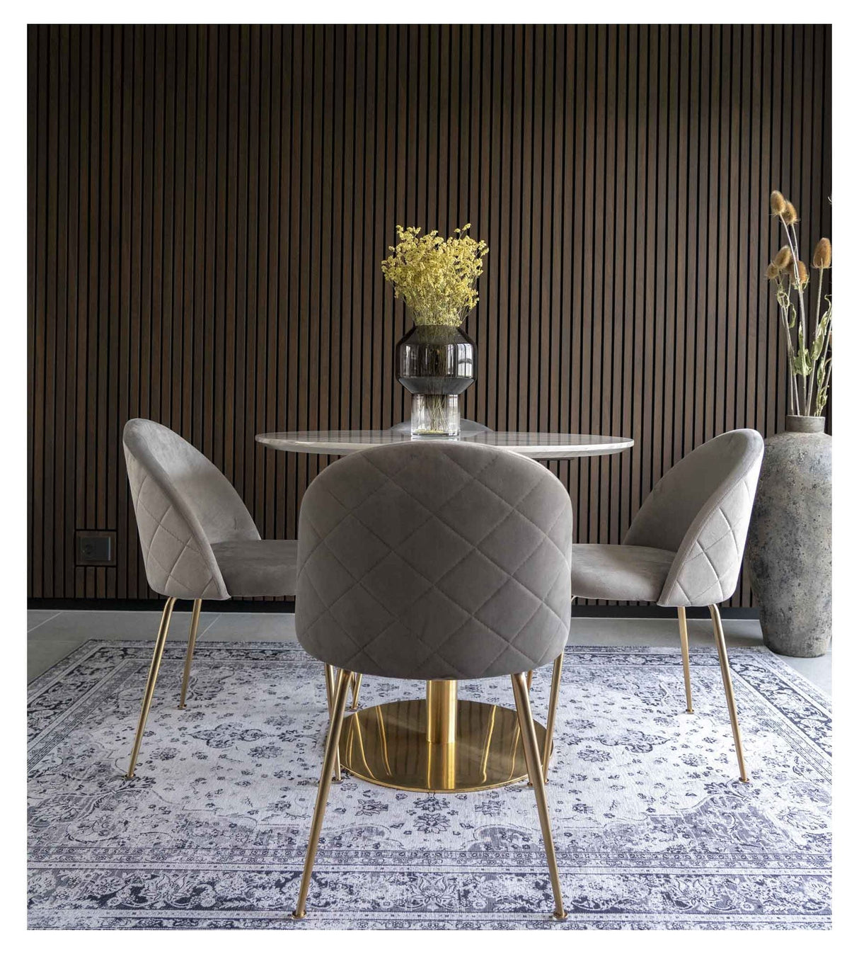 Geneve Dining Chair, Grey Velvet, Brass Look