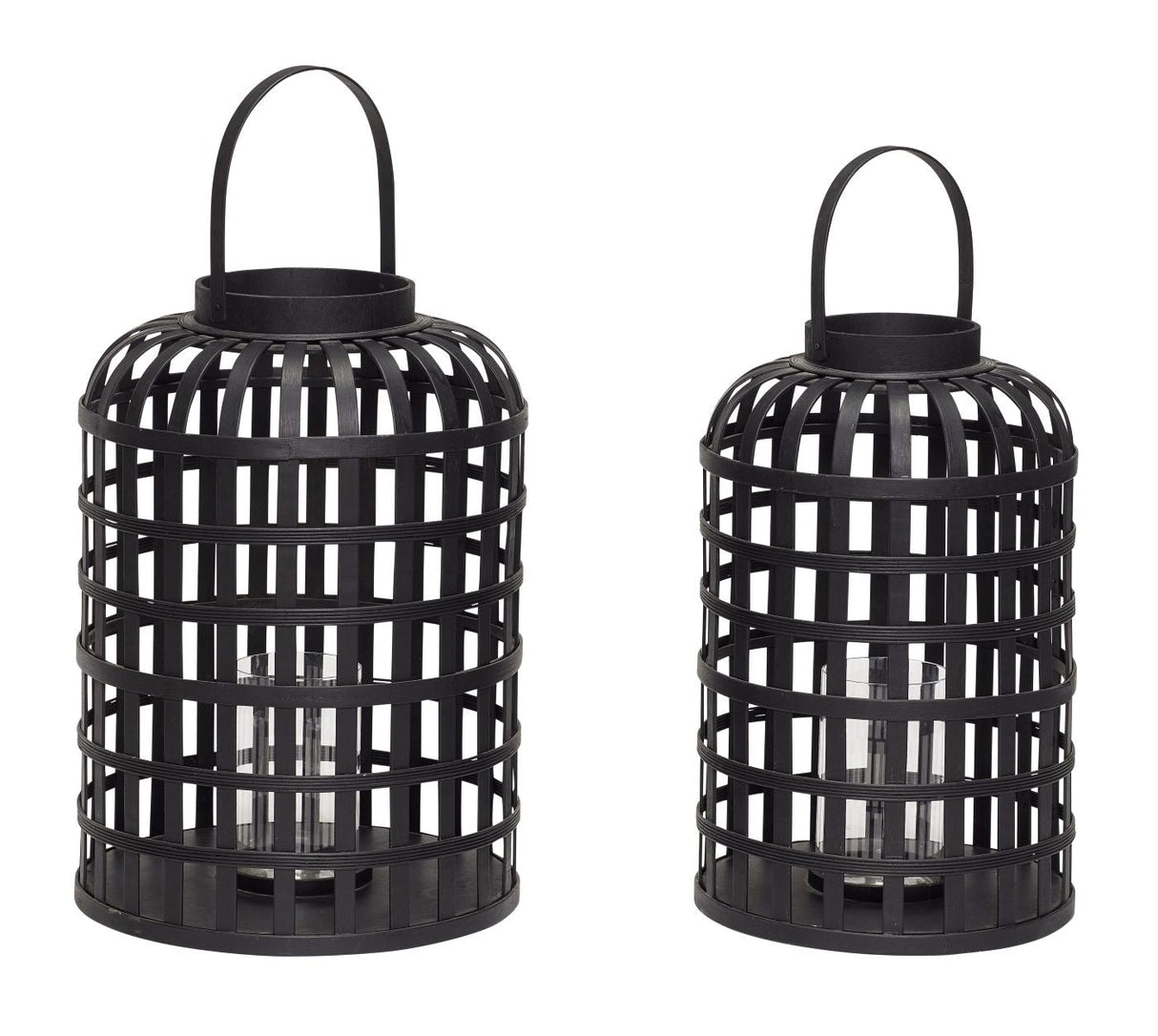 Hübsch Grid Lantern Set w. glas, svart bambu