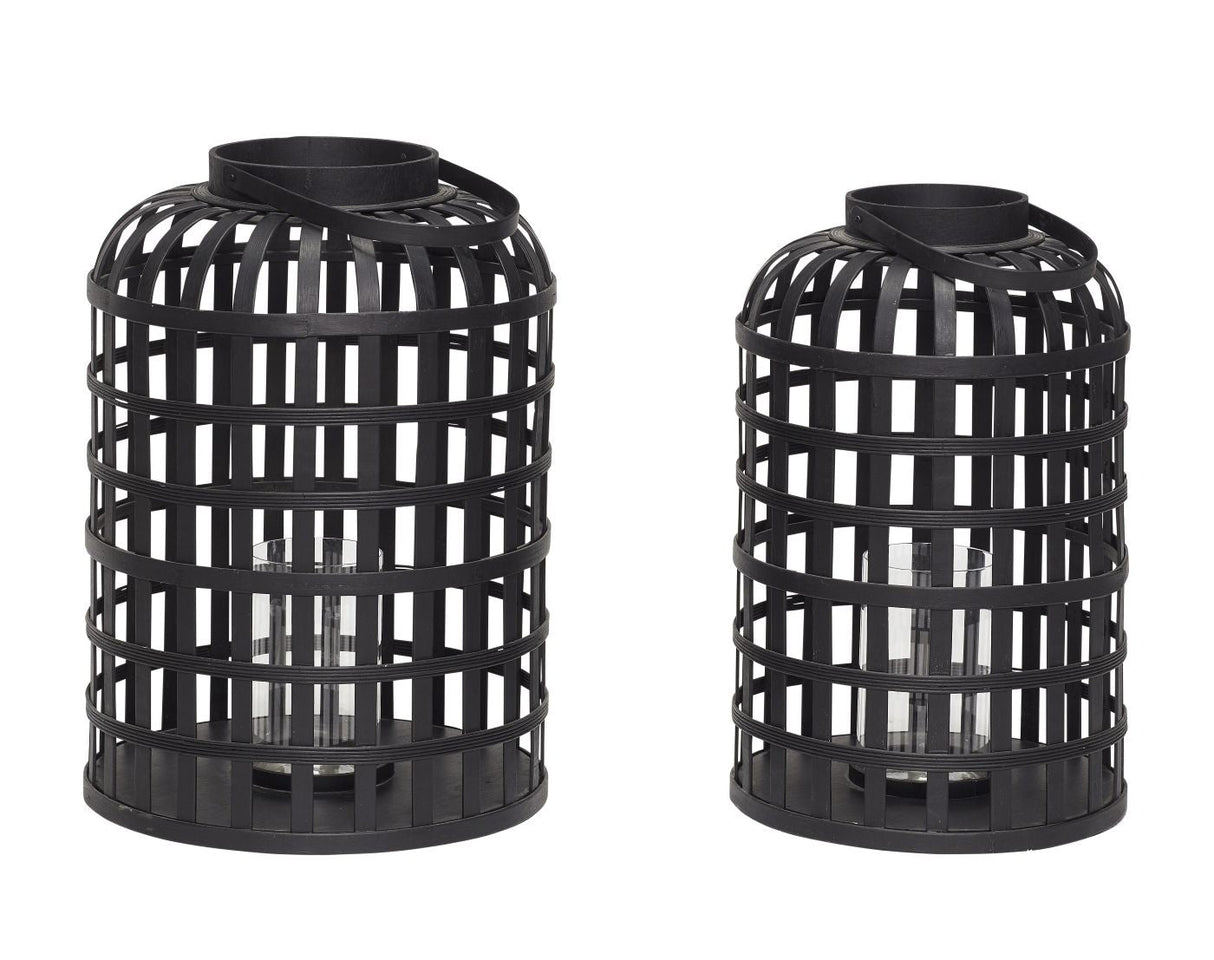 Hübsch Grid Lantern Set w. glas, svart bambu