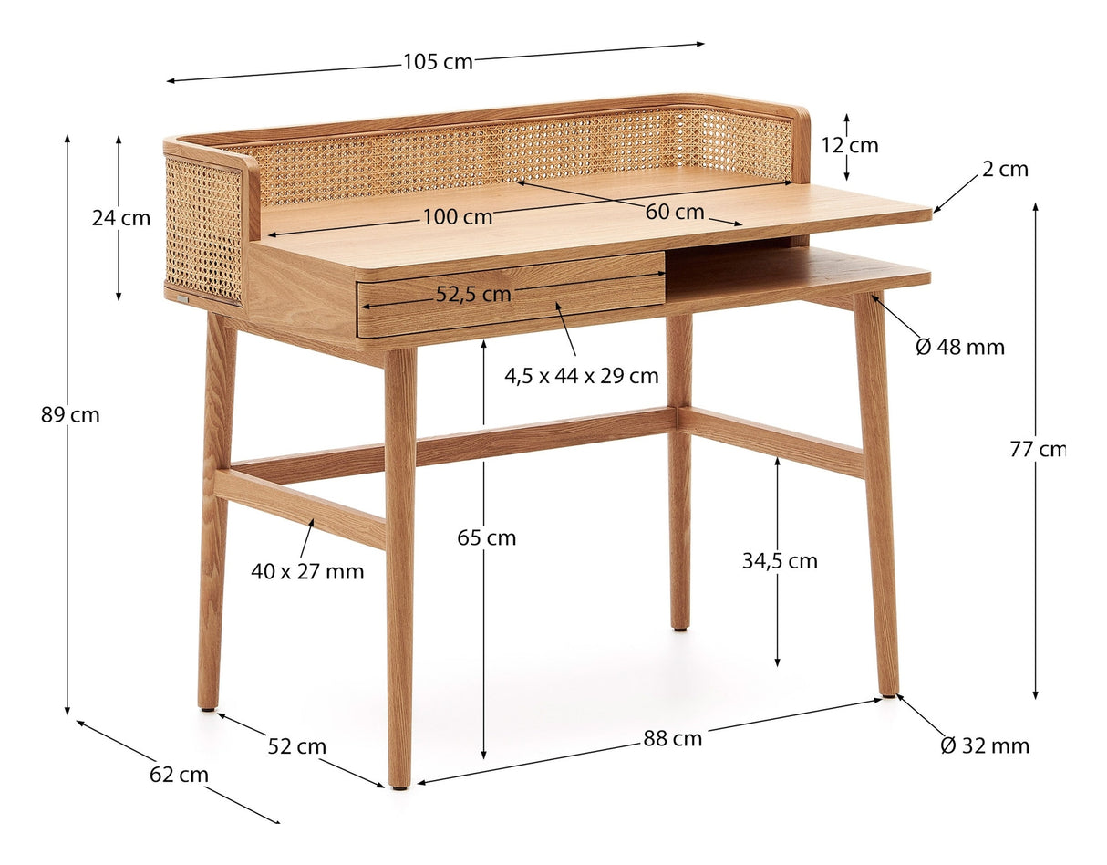 Araxi Desk, Veneer/Solid Ash and Rattan, 105x62