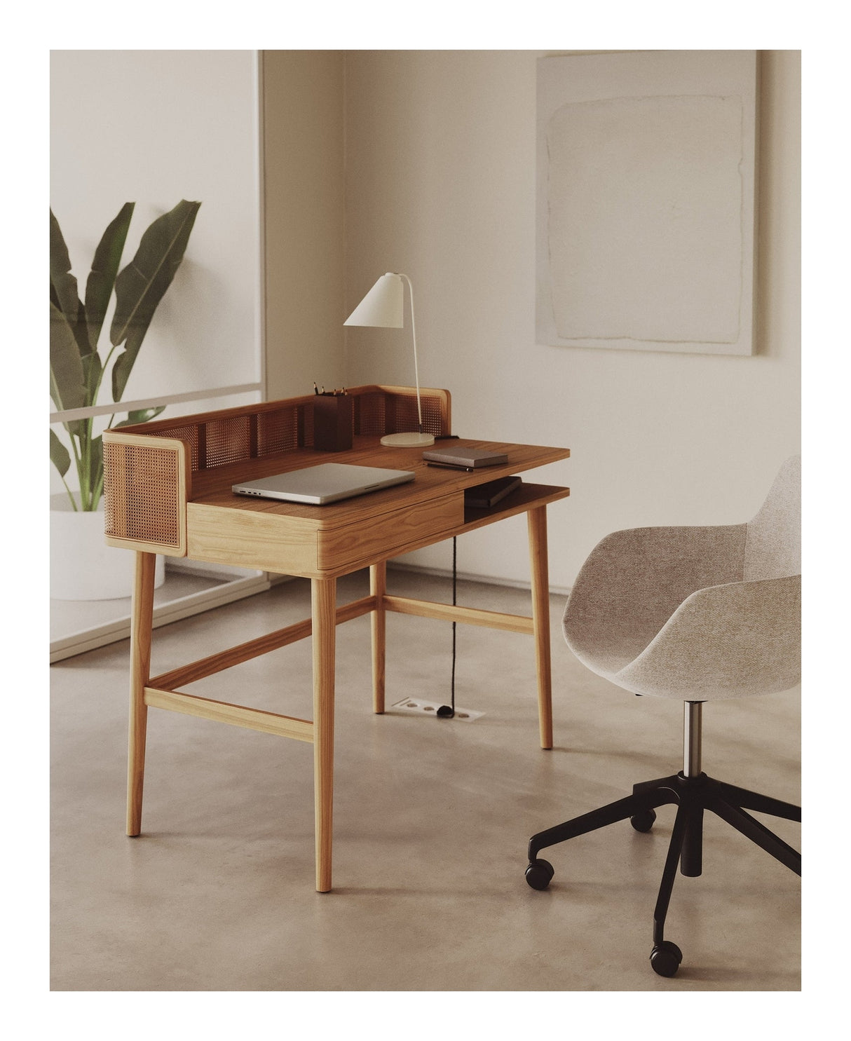 Araxi Desk, Veneer/Solid Ash and Rattan, 105x62