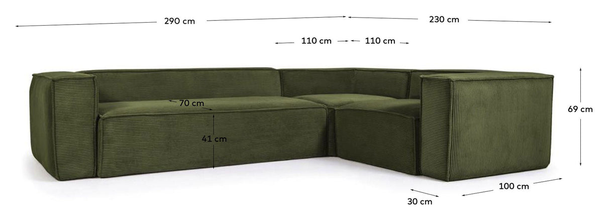 Block 3-Pers. Corner Soffa, 290x230, Green Velvet