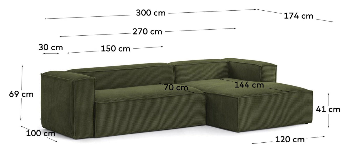 Block 3-Pers. Soffa med höger ansikte schäslong, B300, Green Velvet