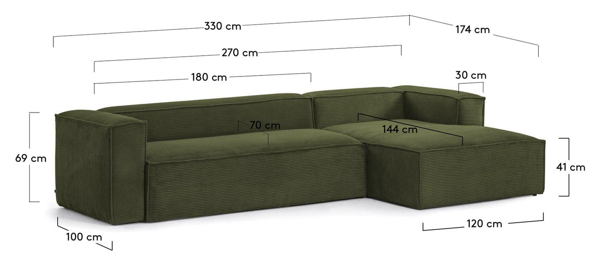 Block 4-Pers. Soffa med höger ansikte schäslong, b330, grön sammet