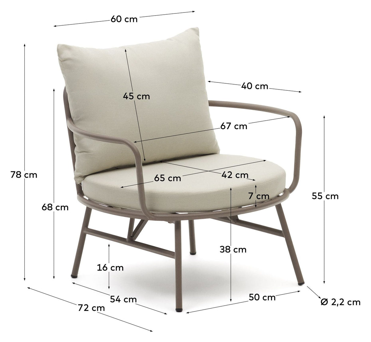 Bramant lounge stol med armstöd, taupe stål