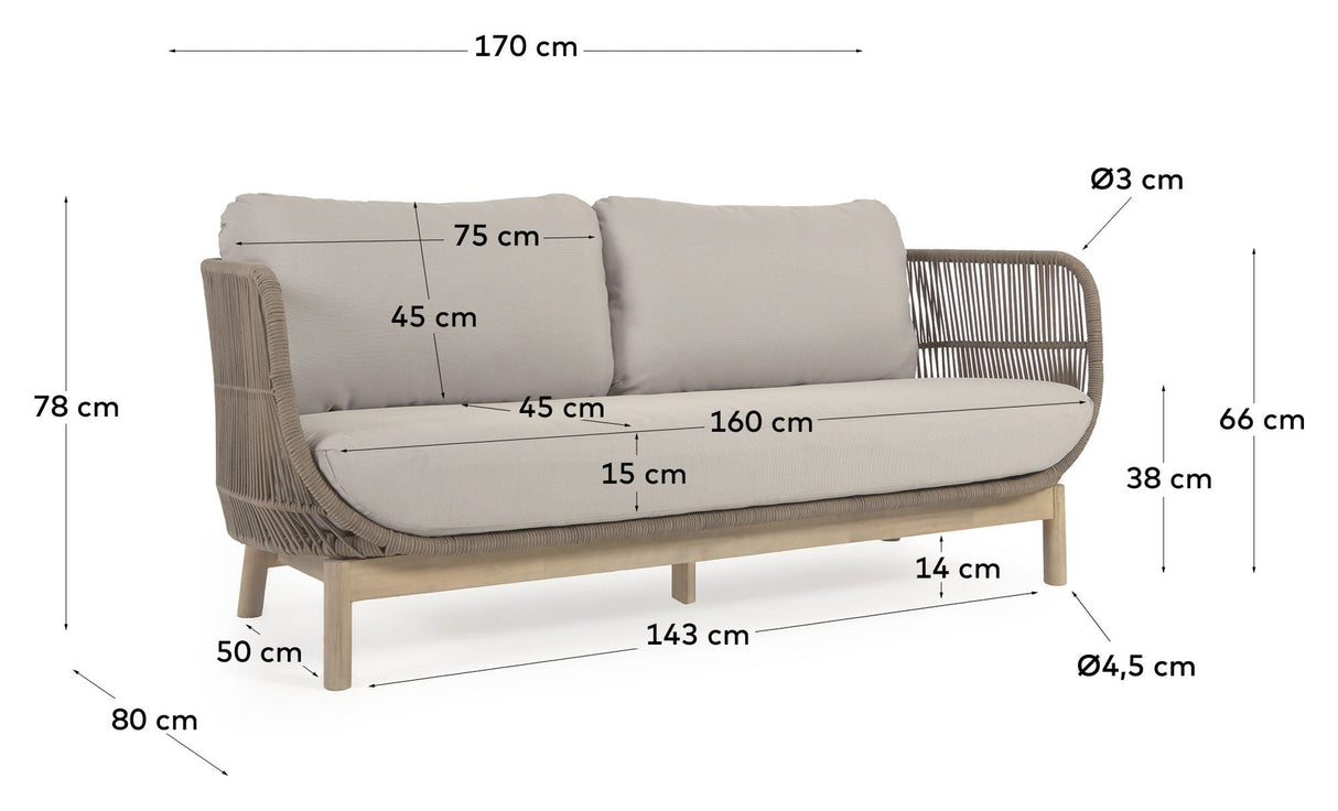 Catalina 3-Pers. Lounge säng med beige rep, akacia trä