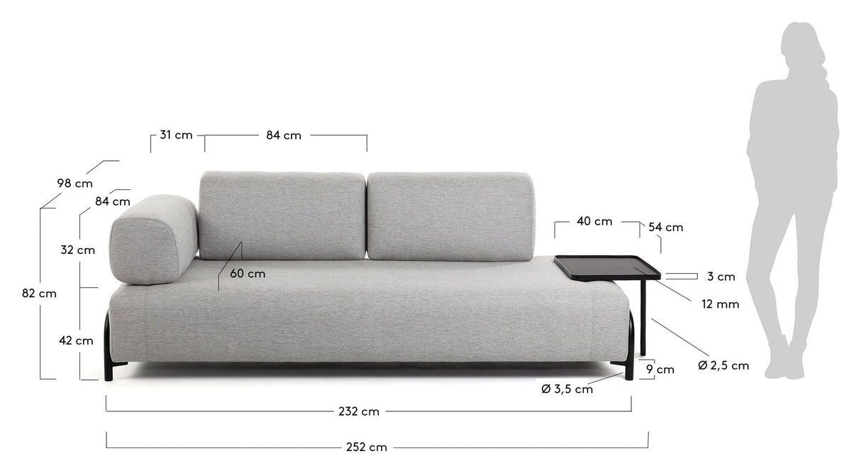 Kompo 3-sits soffa med armstöd och bricka, beige