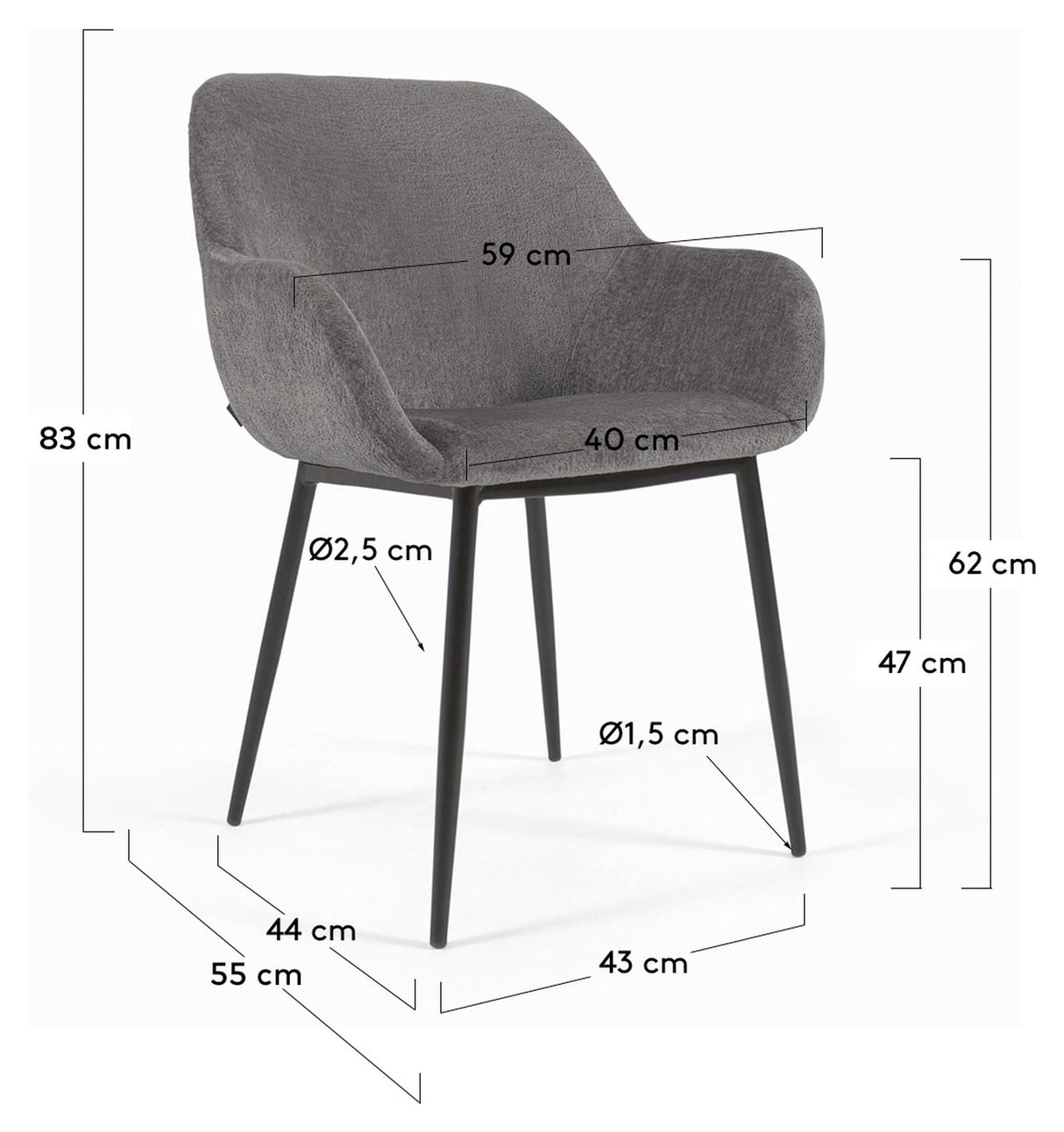 Konna matstol, mörkgrå chenille/svart stålben