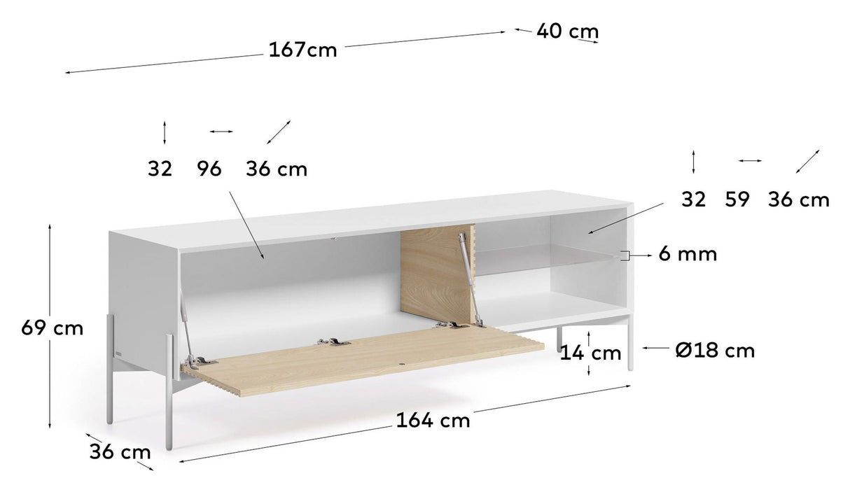 Marielle TV -bord med dörr, 167x69, vit/askfanér