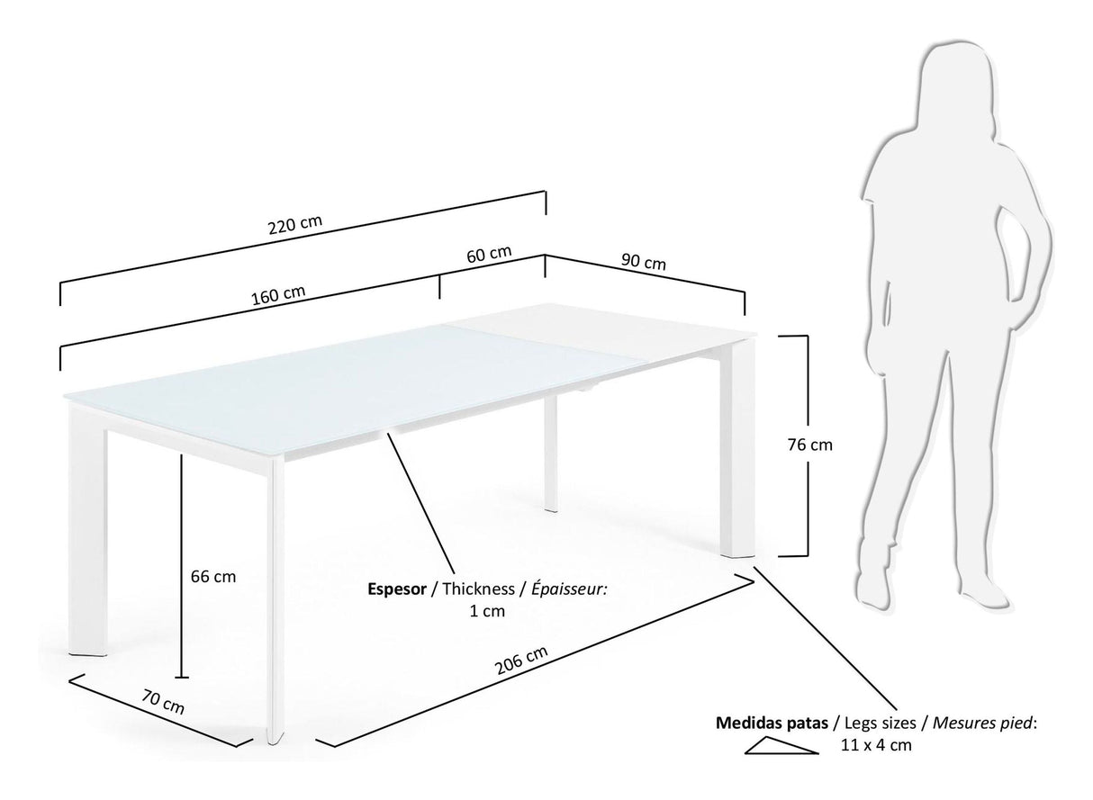 Axis matbord med utdragning, vitt glas, 160 - 220x90