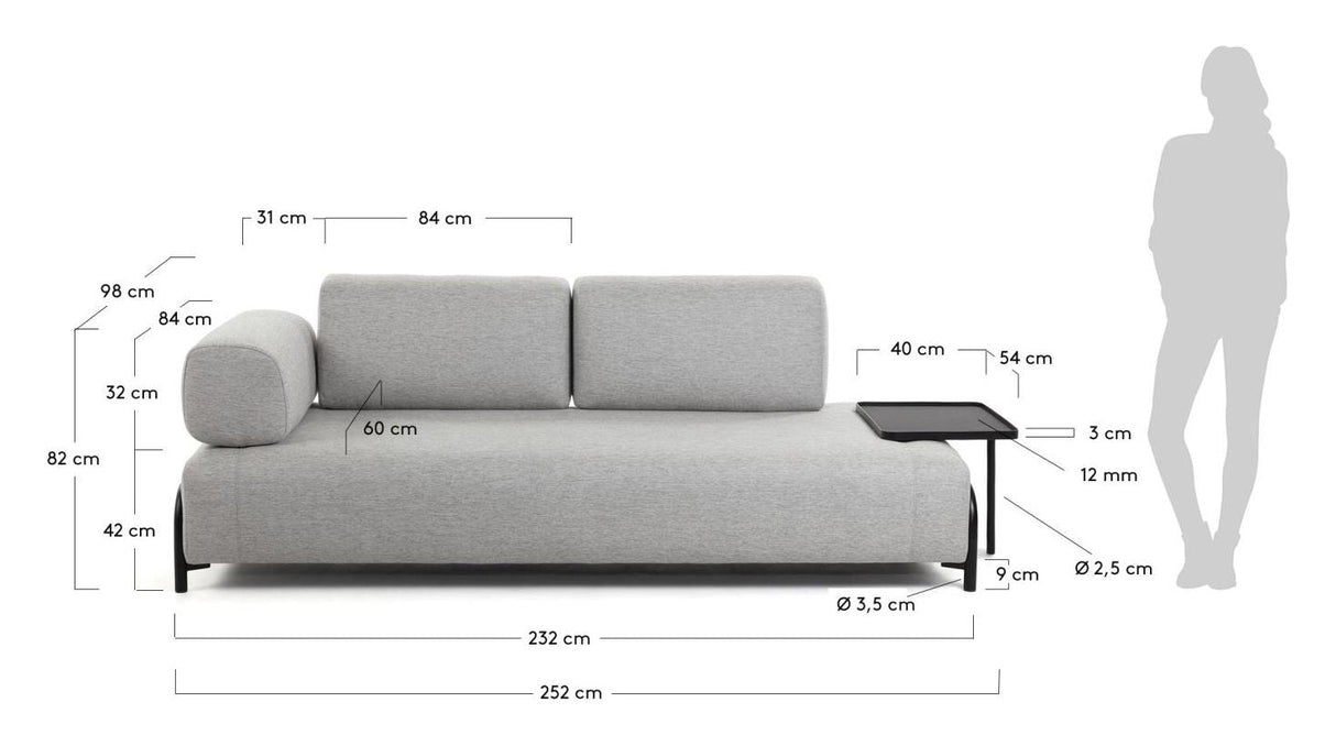 Kompo 3-sits soffa med stort bricka, ljusgrå tyg