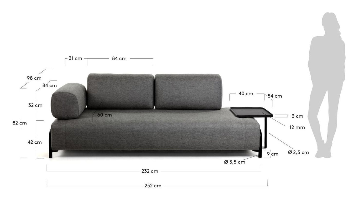 Kompo 3-sits soffa med stort bricka, mörkgrå tyg