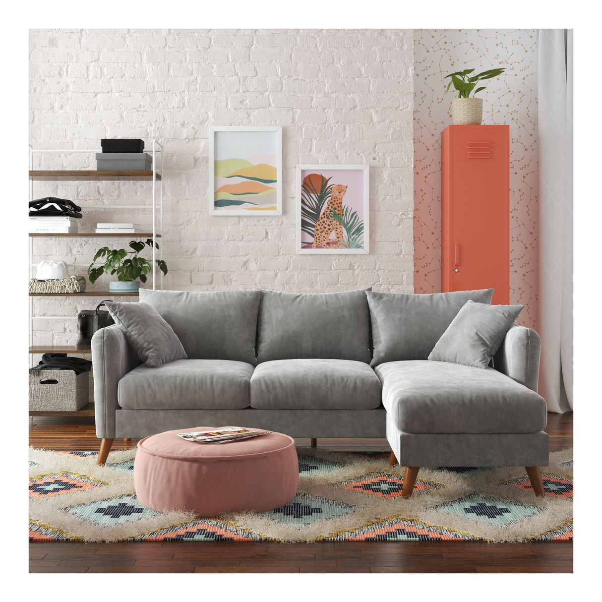 Magnolia 3-sits soffa med kuddar och reversibel schäslong, ljusgrå