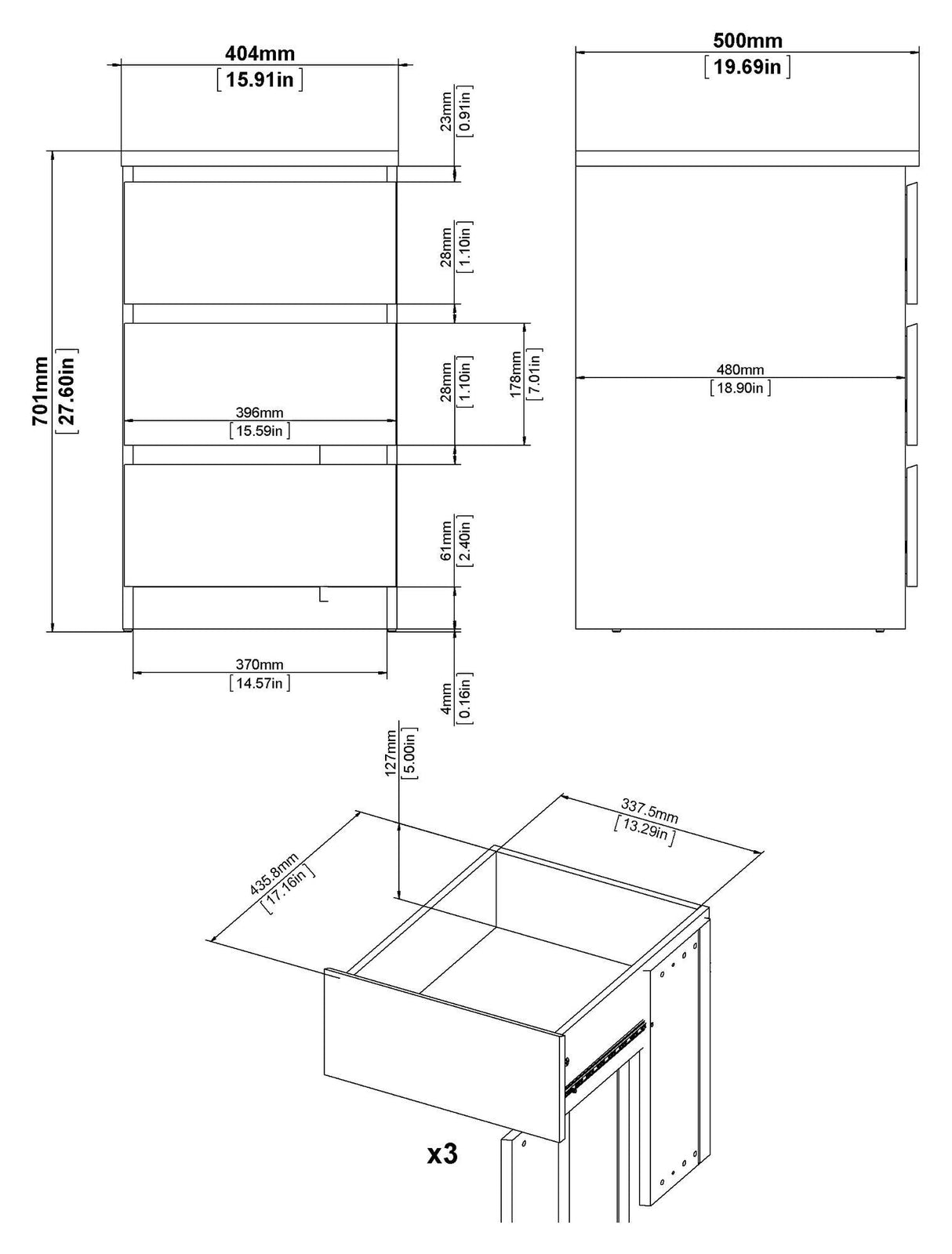 Naia Chest - White w/3 Drawers B: 40