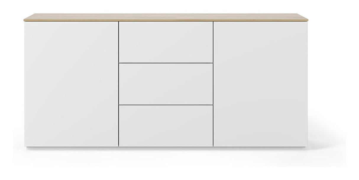 Gå med på skänk med 2 dörrar och 3 lådor, Mat White/Oak Top, 180x50x84