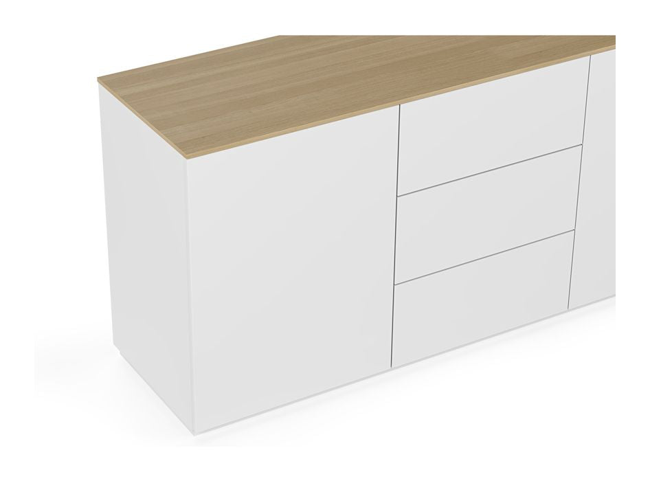 Gå med på skänk med 2 dörrar och 3 lådor, Mat White/Oak Top, 180x50x84