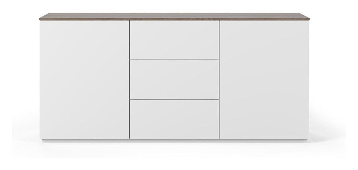 Gå med på skänk med 2 dörrar och 3 lådor, Mat White/Walnut Top, 180x50x84