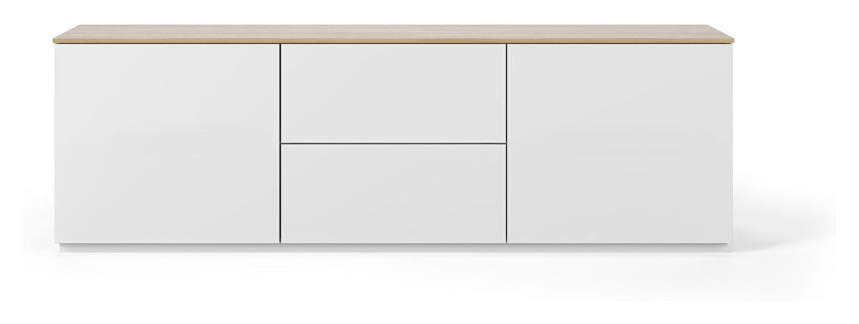 Gå med i TV -bord med 2 dörrar och 2 lådor, Mat White/Oak Top, 180x50x57