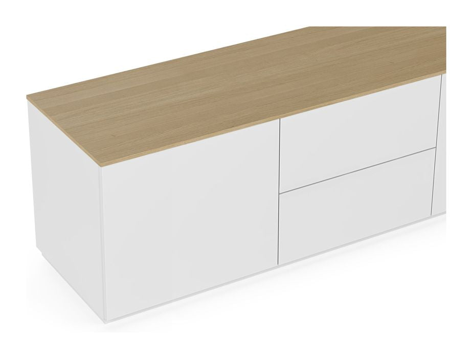 Gå med i TV -bord med 2 dörrar och 2 lådor, Mat White/Oak Top, 180x50x57