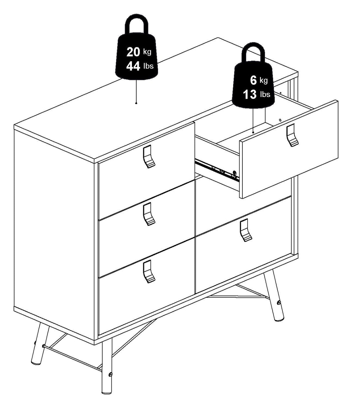 Ry dubbel byrå 6 lådor, matt svart, valnötfolie, f: 101