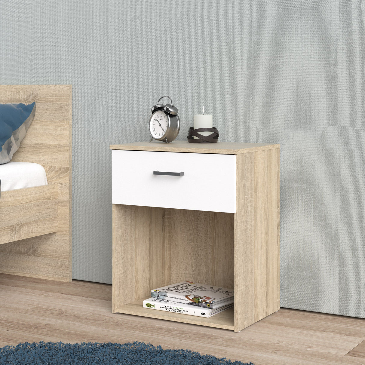 Space Bedside Table med 1 låda, ek-look/vit