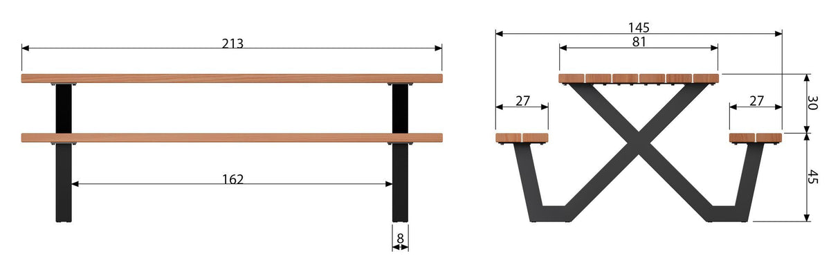 Woood tablo tabell/bänkuppsättning med x -stift - trä/metall, 210x145