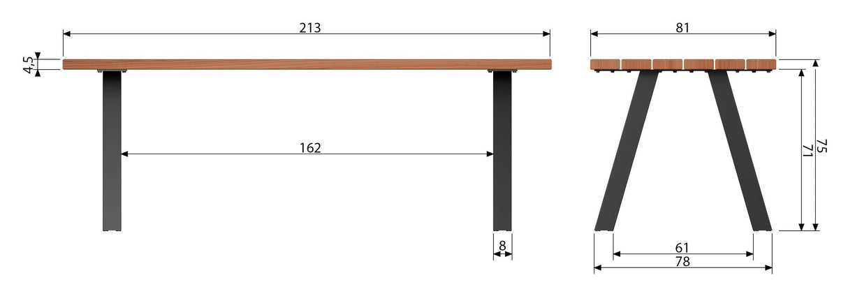 Woood tablo trädgårdsbord med a -ben - trä/metall. 210x81