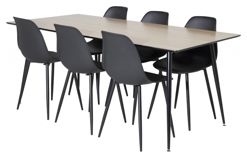 Silar Matbord i "trälook" med 6 Polar-stolar i svart plast