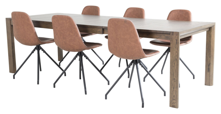 slider-matbord-med-ilaggsskiva-rokt-ek-med-6-polar-stolar-med-snurrfunktion-brun-pu