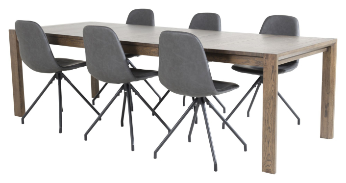 slider-matbord-med-ilaggsskiva-rokt-ek-med-6-polar-stolar-med-snurrfunktion-svart-pu