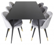 Silar Matbord i svart melamin med 6 Velvet-stolar, Grå, Mässing